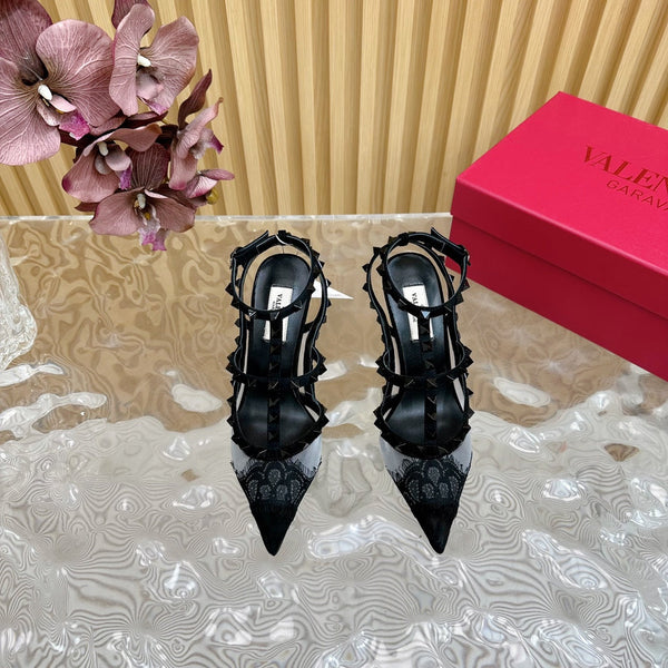 Décolleté Rockstud Metallic con cinturino alla caviglia, 95 mm, in pelle di agnello nera e tessuto in pizzo 102095