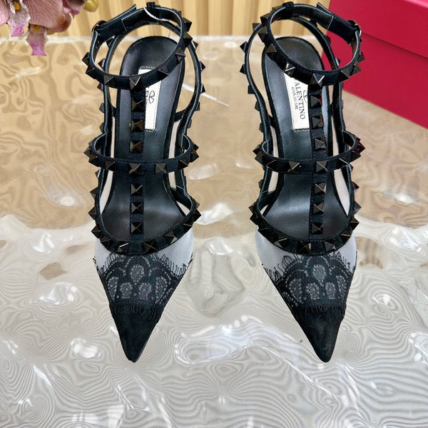 Décolleté Rockstud Metallic con cinturino alla caviglia, 95 mm, in pelle di agnello nera e tessuto in pizzo 102095