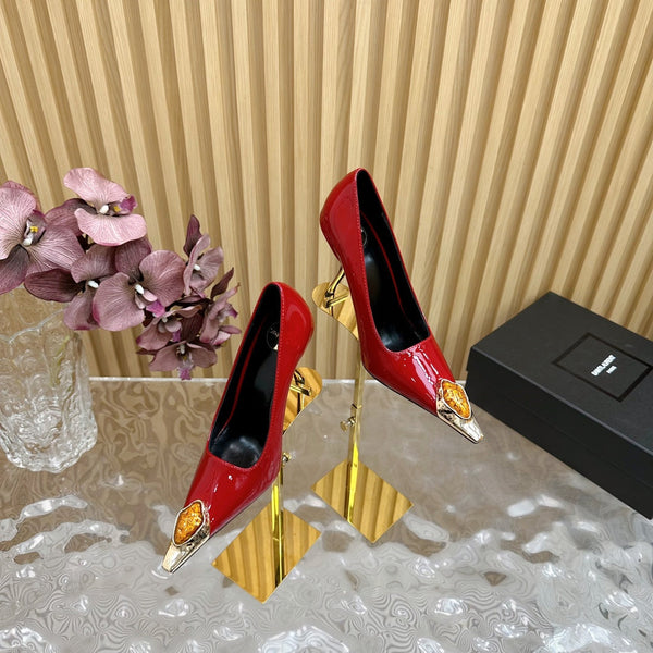 ORANGE GEM-STUDDED HIGH PUMPS IN RED PATENT CALFSKIN