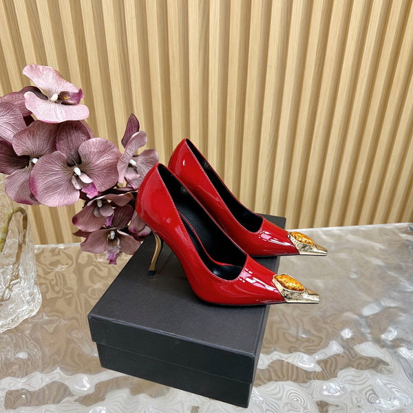 ORANGE GEM-STUDDED HIGH PUMPS IN RED PATENT CALFSKIN
