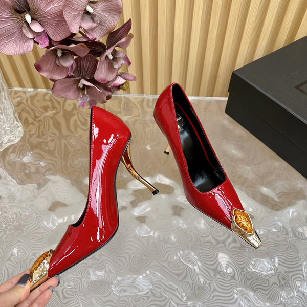 ORANGE GEM-STUDDED HIGH PUMPS IN RED PATENT CALFSKIN