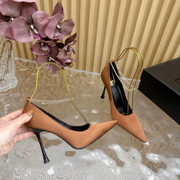 RÉGINE PUMPS IN RUSTIC ORANGE SATIN GOLD CHAIN