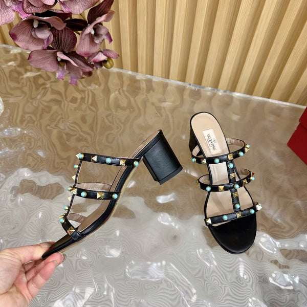 Sandali Rockstud in pelle con zeppa 60 mm in pelle di pecora nera 307862