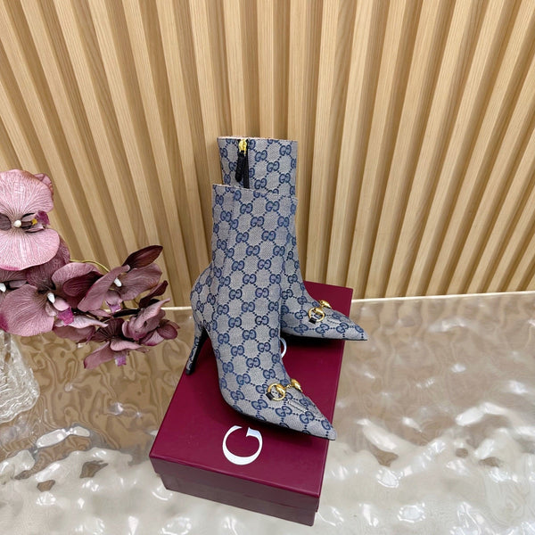 Gucci 2025 Thick-heeled Square-toed Ankle Boots Blue Sheepskin Fabric 498065