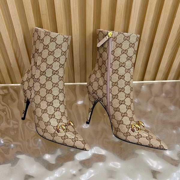 Gucci 2025 Thick-heeled Square-toed Ankle Boots Beige Gold Sheepskin Fabric 498067