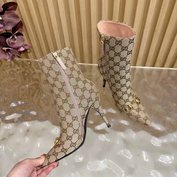 Gucci 2025 Thick-heeled Square-toed Ankle Boots Beige Gold Sheepskin Fabric 498067