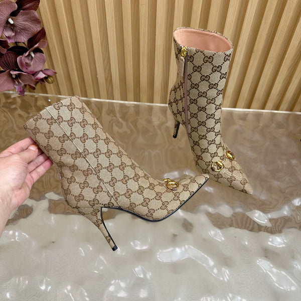 Gucci 2025 Thick-heeled Square-toed Ankle Boots Beige Gold Sheepskin Fabric 498067