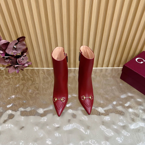 Gucci 2025 Thick-heeled Square-toed Ankle Boots Red Sheepskin 498068