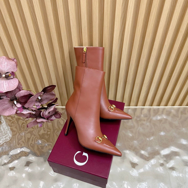 Gucci 2025 Thick-heeled Square-toed Ankle Boots Brown Sheepskin 498070