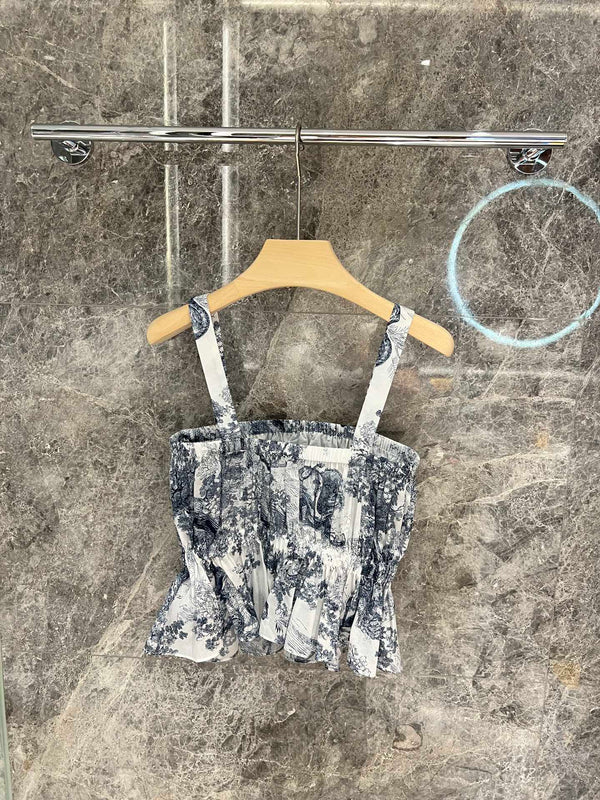 CD 25 Top con arricciatura in misto cotone bianco blu