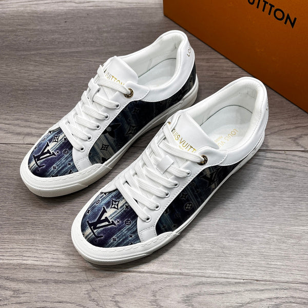 LV TRAINER SNEAKER WHITE CALFSKIN AND BLUE DENIM