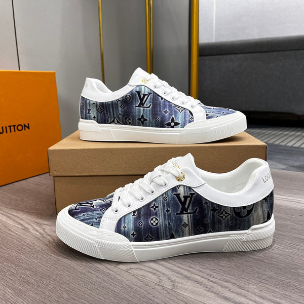 LV TRAINER SNEAKER WHITE CALFSKIN AND BLUE DENIM