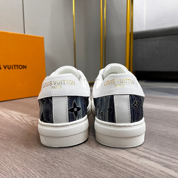 LV TRAINER SNEAKER WHITE CALFSKIN AND BLUE DENIM