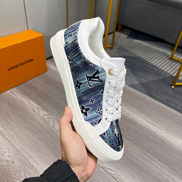 LV TRAINER SNEAKER WHITE CALFSKIN AND BLUE DENIM