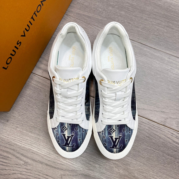 LV TRAINER SNEAKER WHITE CALFSKIN AND BLUE DENIM