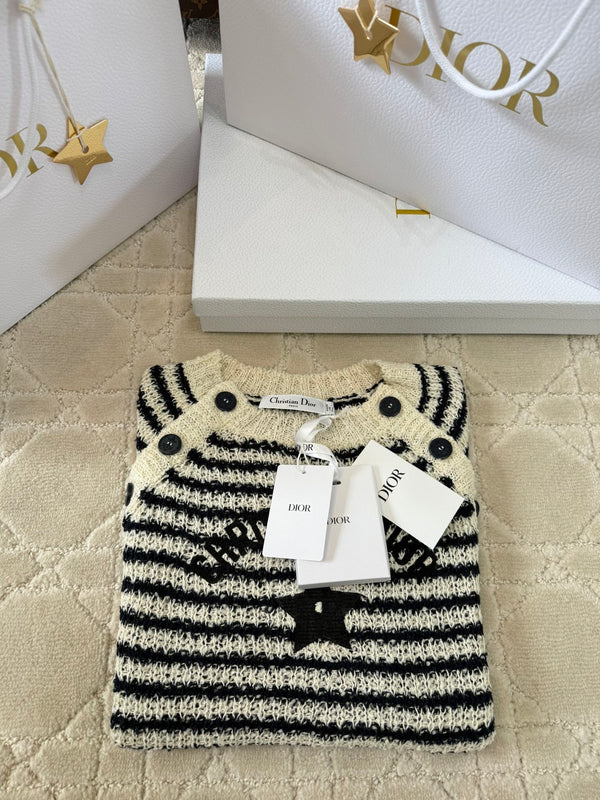 CD 2025 Maglia a righe a maniche corte in misto beige e cotone nero