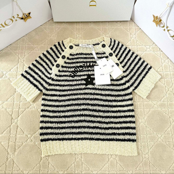 CD 2025 Striped Knitted Short Sleeves Beige mix Black Cotton