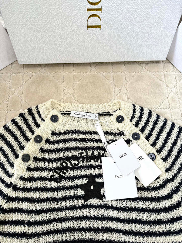 CD 2025 Maglia a righe a maniche corte in misto beige e cotone nero