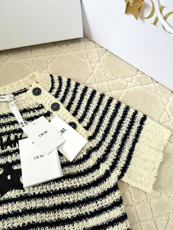 CD 2025 Maglia a righe a maniche corte in misto beige e cotone nero