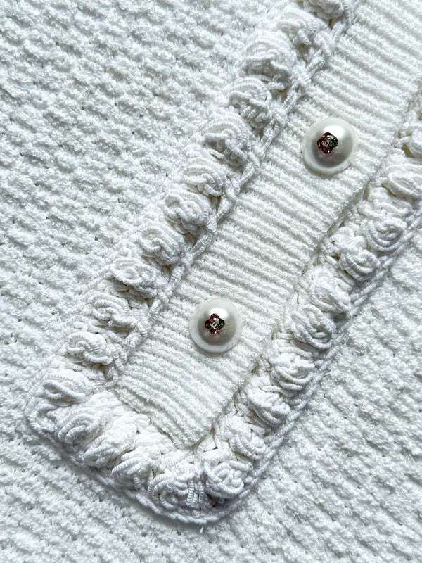 Chanel 25P Long-Sleeve Top White Tweed Pearl Buttons 237299