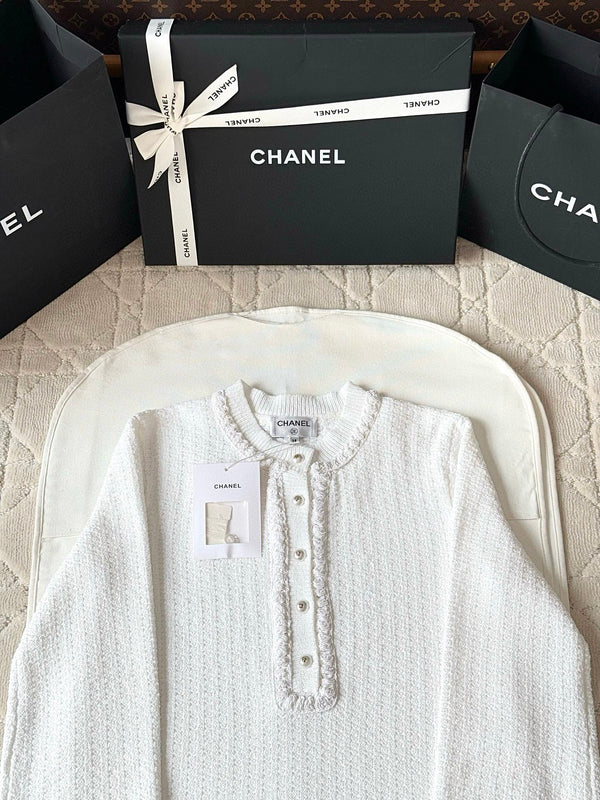 Chanel 25P Long-Sleeve Top White Tweed Pearl Buttons 237299