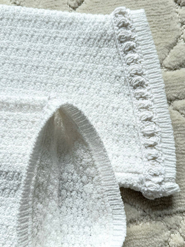 Chanel 25P Long-Sleeve Top White Tweed Pearl Buttons 237299