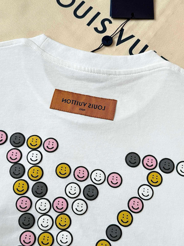 LV 25 Rainbow Smiley Face Print Short Sleeves Shirt White Cotton