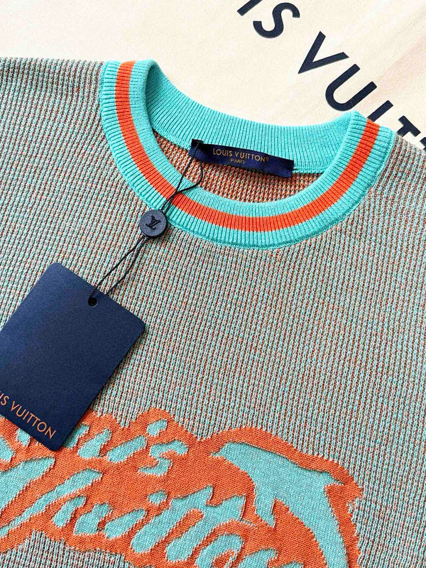 LV 25 Dolphin Jacquard Short Sleeve Shirt Blue Sweater Knit