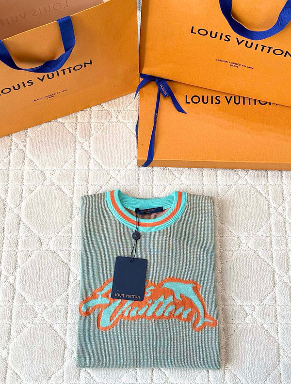 LV 25 Dolphin Jacquard Short Sleeve Shirt Blue Sweater Knit