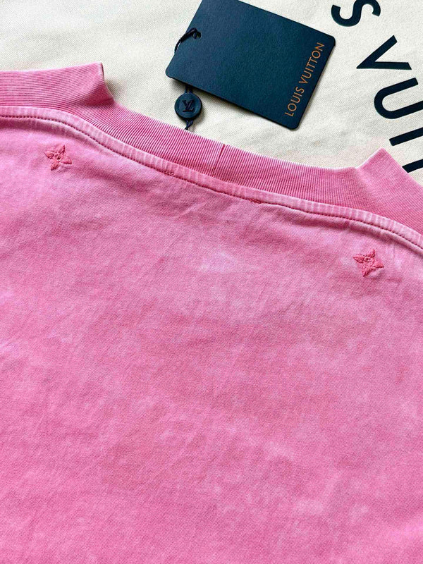 LV 25 Washed Powder Embroidery Round Neck T-shirt Pink Cotton