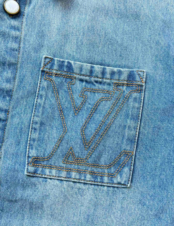 LV 25 Denim Pocket Embroidered Short Sleeve Shirt Blue Cotton