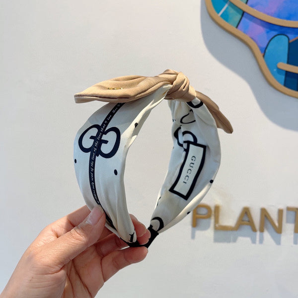 BOW HEADBAND IN WHITE COTTON AND LIGHT BROWN SILK 418893