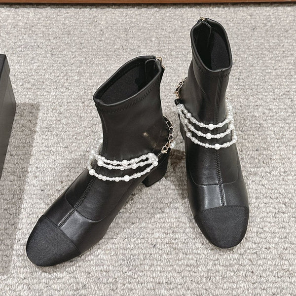 CC LOW CUT BOOTS IN BLACK STRETCH LAMBSKIN AND GROSGRAIN WITH PEARL CHAIN