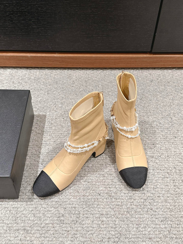 CC LOW CUT BOOTS IN SEPIA BEIGE STRETCH LAMBSKIN AND GROSGRAIN WITH PEARL CHAIN