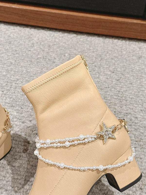 CC LOW CUT BOOTS IN SEPIA BEIGE STRETCH LAMBSKIN AND GROSGRAIN WITH PEARL CHAIN
