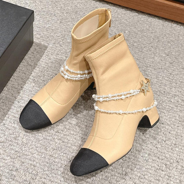 CC LOW CUT BOOTS IN SEPIA BEIGE STRETCH LAMBSKIN AND GROSGRAIN WITH PEARL CHAIN