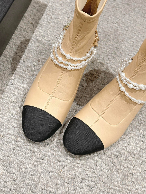 CC LOW CUT BOOTS IN SEPIA BEIGE STRETCH LAMBSKIN AND GROSGRAIN WITH PEARL CHAIN