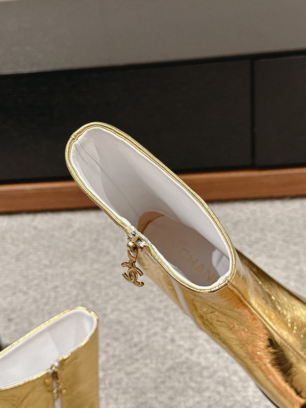 CC Short Boot Gold Metalic Lambskin Black Patent Calfskin