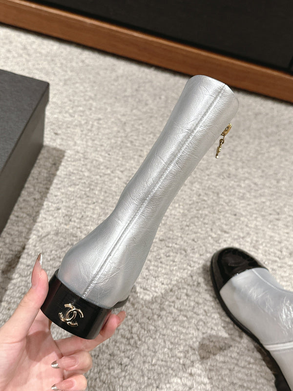 CC Short Boot Silver Metalic Lambskin Black Patent Calfskin