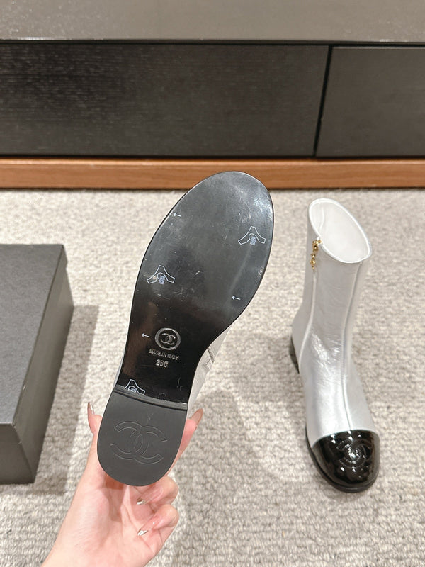 CC Short Boot Silver Metalic Lambskin Black Patent Calfskin