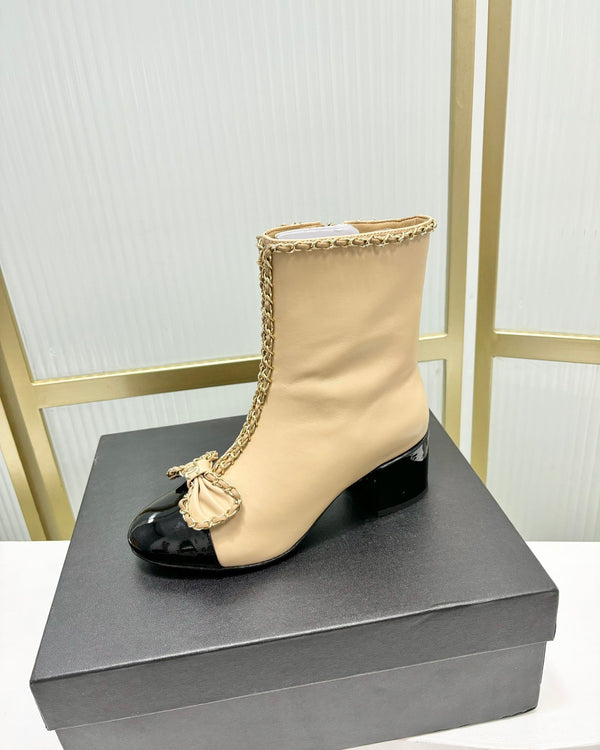 CC Ankle Boot 65 Beige Calfskin Black Patent Calfksin Leather Strap