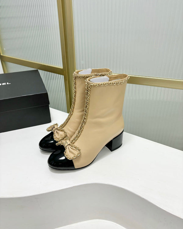 CC Ankle Boot 65 Beige Calfskin Black Patent Calfksin Leather Strap