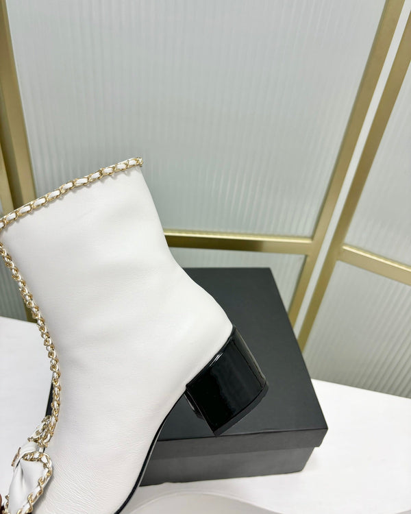 CC Ankle Boot 65 White Calfskin Black Patent Calfksin Leather Strap