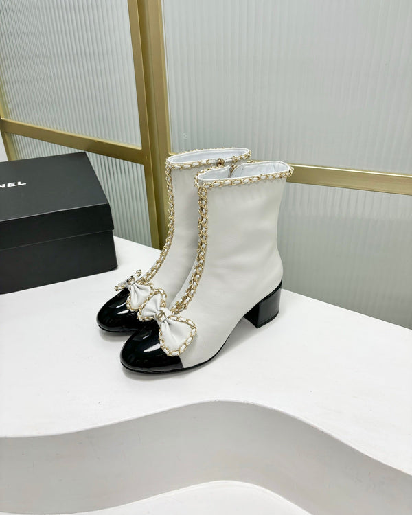 CC Ankle Boot 65 White Calfskin Black Patent Calfksin Leather Strap