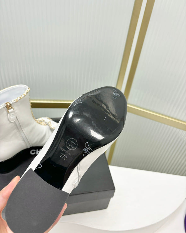 CC Ankle Boot 65 White Calfskin Black Patent Calfksin Leather Strap