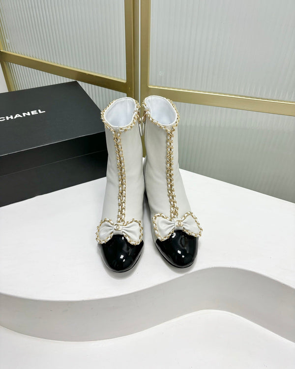 CC Ankle Boot 65 White Calfskin Black Patent Calfksin Leather Strap