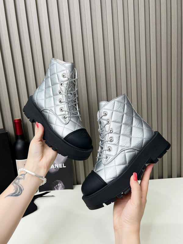 CC Combat Boots In Silver Quilted Lambskin 944579
