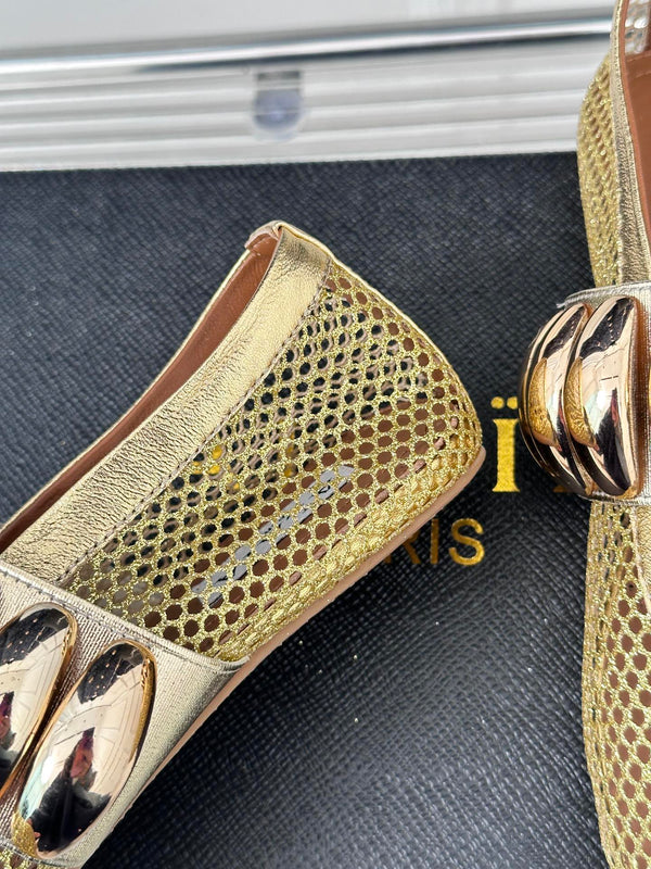 Alaia 25 Mary Jane Mesh Ballet Flats Gold Calfskin 293249