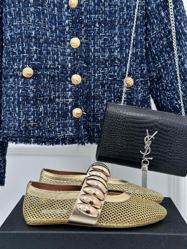 Alaia 25 Mary Jane Mesh Ballet Flats Gold Calfskin 293249