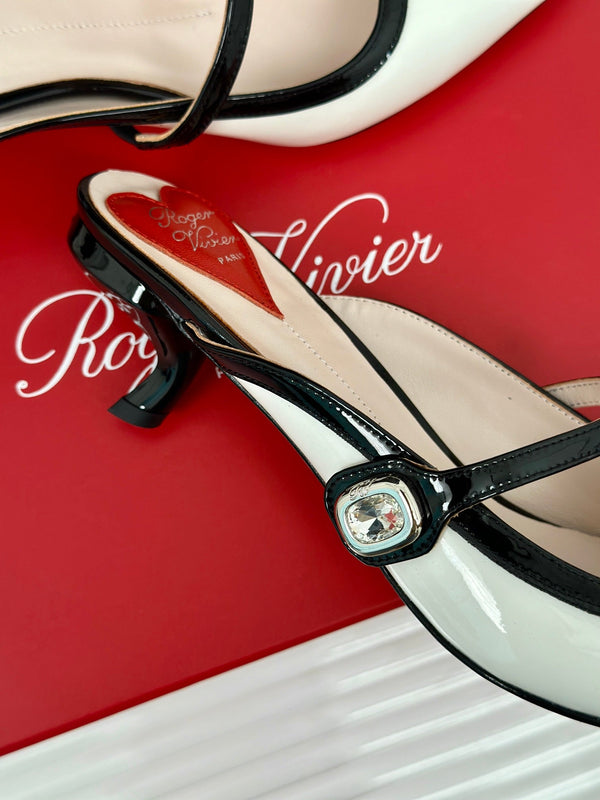 Mary Jane Virgule Mules 55 Nero Bianco Pelle Verniciata